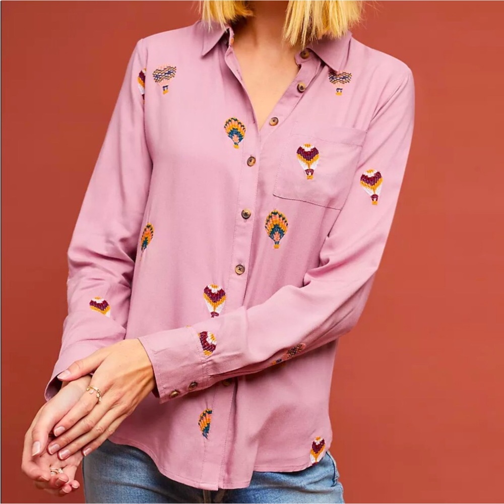 Anthropologie Pink Button Down Shirt with Embroidered Balloons